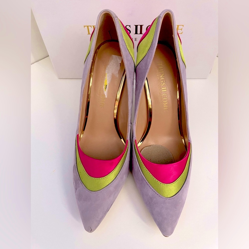 NIB Lilac hot pink lime green real suede leather satin pointed pumps Mahoney 6.5